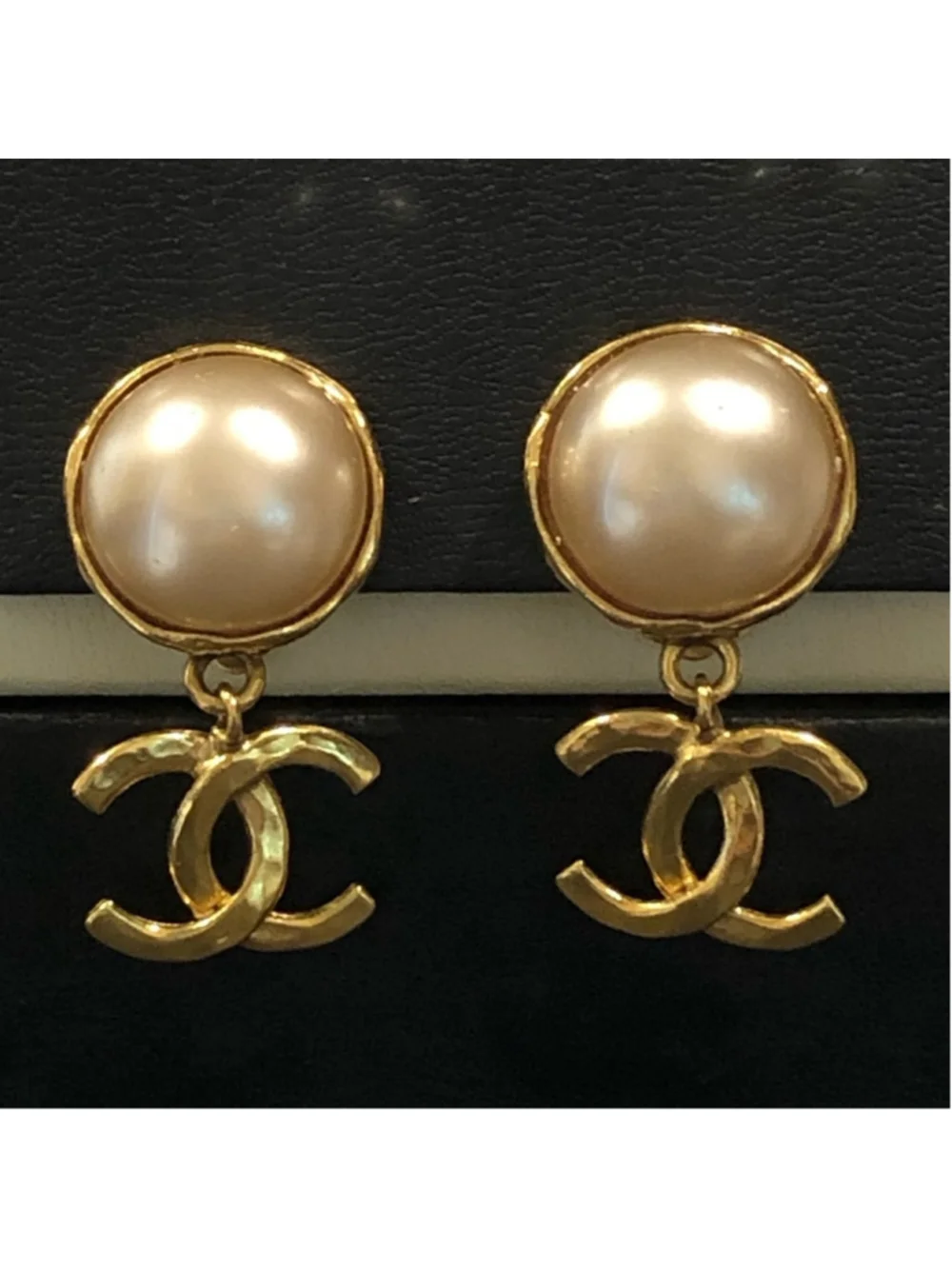 CHANEL Interlinked CC 24k Gold Plated and Cream Mabe Pearl Drop Clip-On Earrings